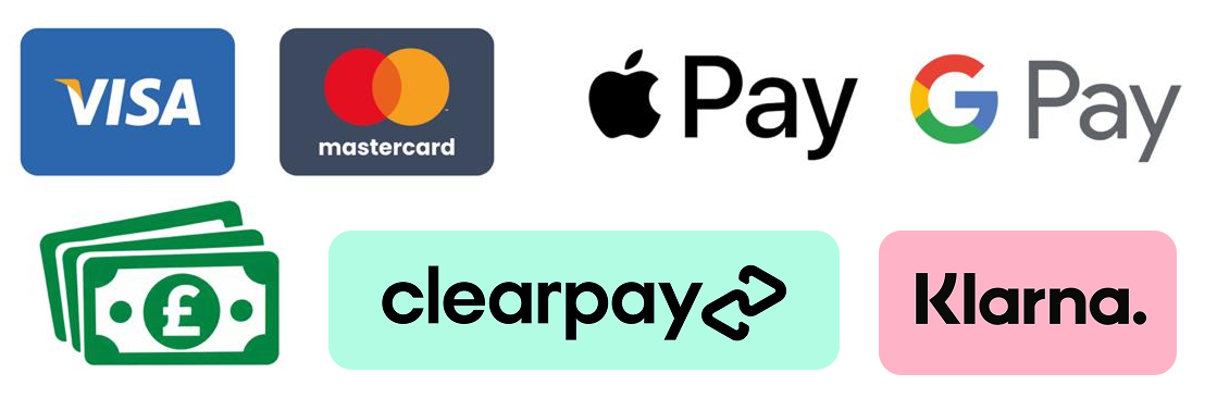 Accepted payment methods: Visa, Mastercard, Apple Pay, Google Pay, cash, Clearpay and Klarna